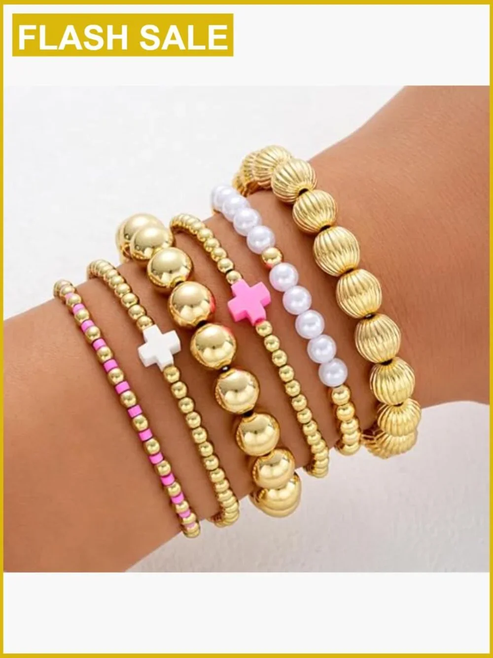 Gold Cross Beaded Bracelet Stack Set Adjustable Stretch Faith Jewelry Set
